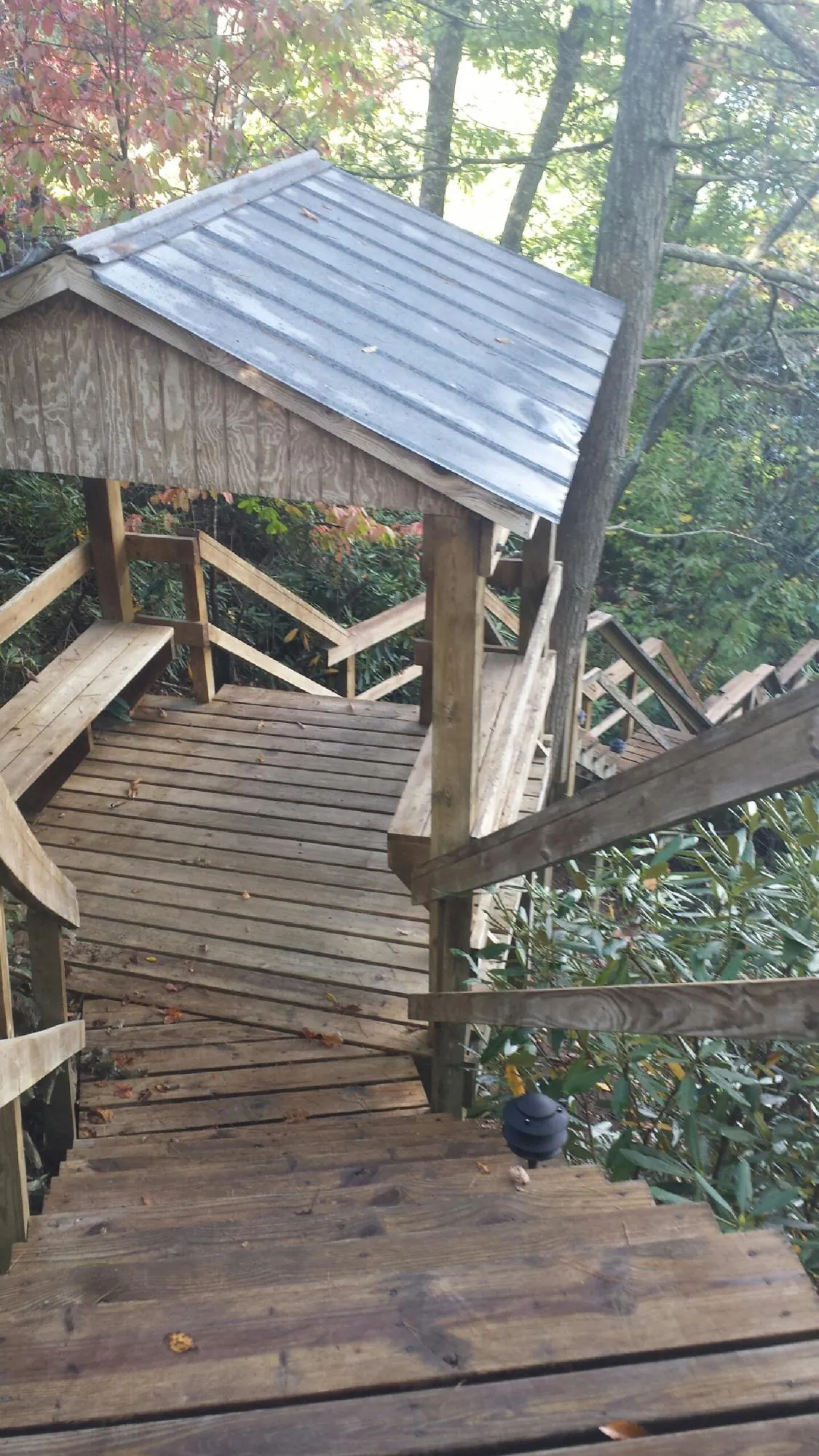 Metal roofed shelter over wooden steps on a wooded walkway — Skylight Repair & Installation work by our crew in Mcdonough